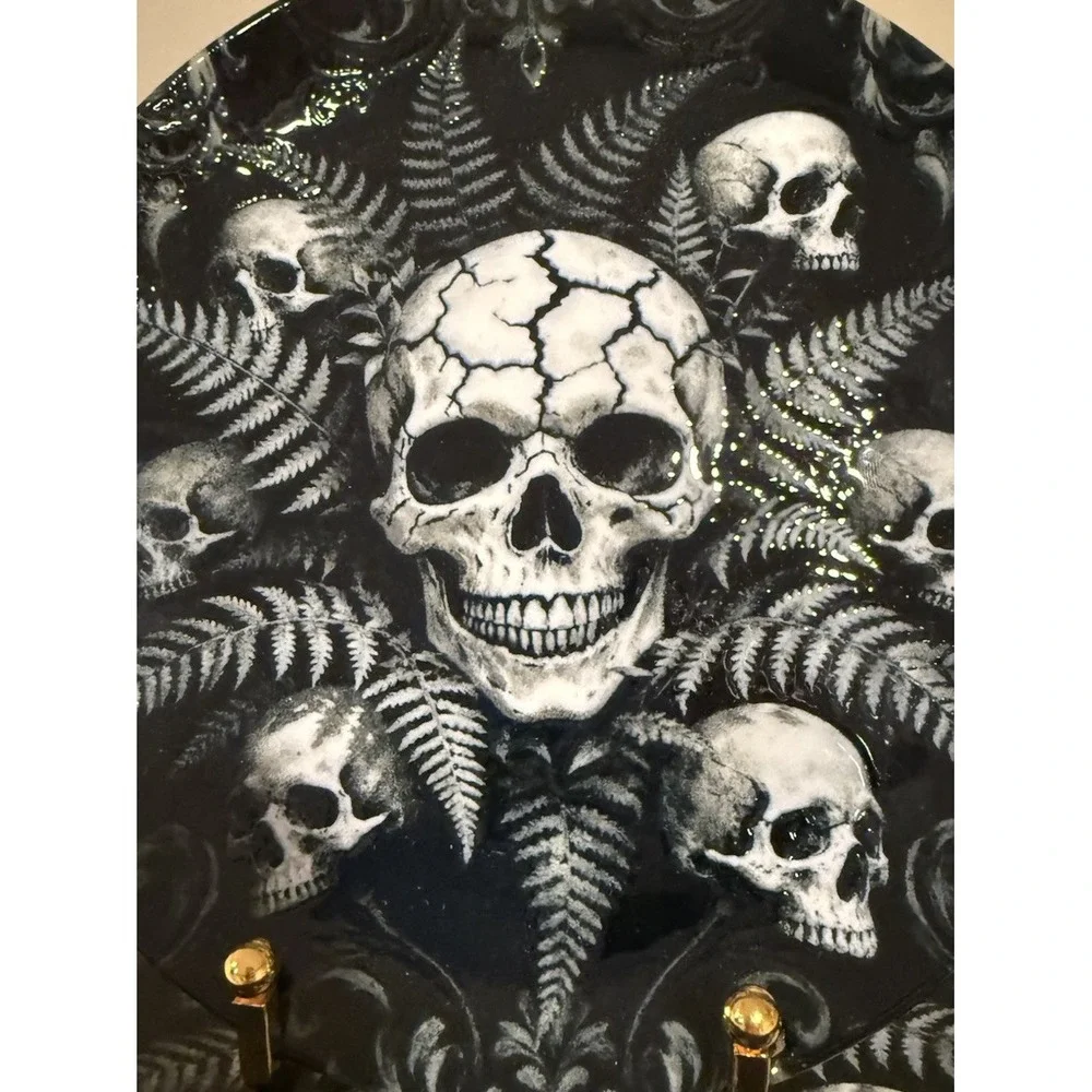 ZRIKE Halloween Skull & Ferns Porcelain Salad Plate Set of 4 Black White New